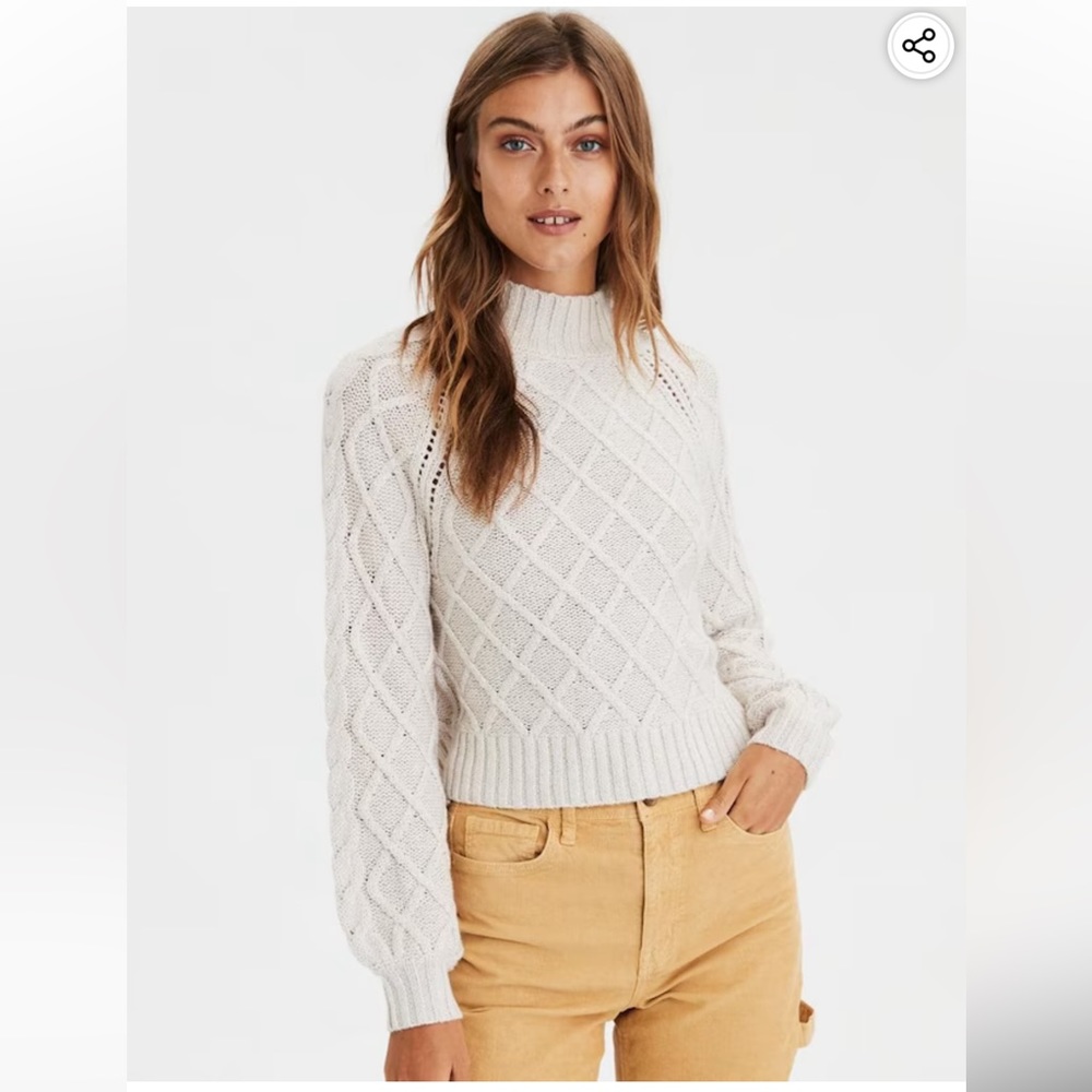 American Eagle Women White Cable Knit Mock Neck Pullover Sweater Size Small